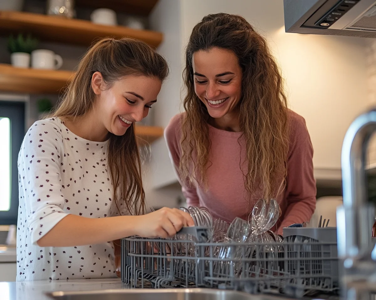 Mother and daughter using new dishwasher