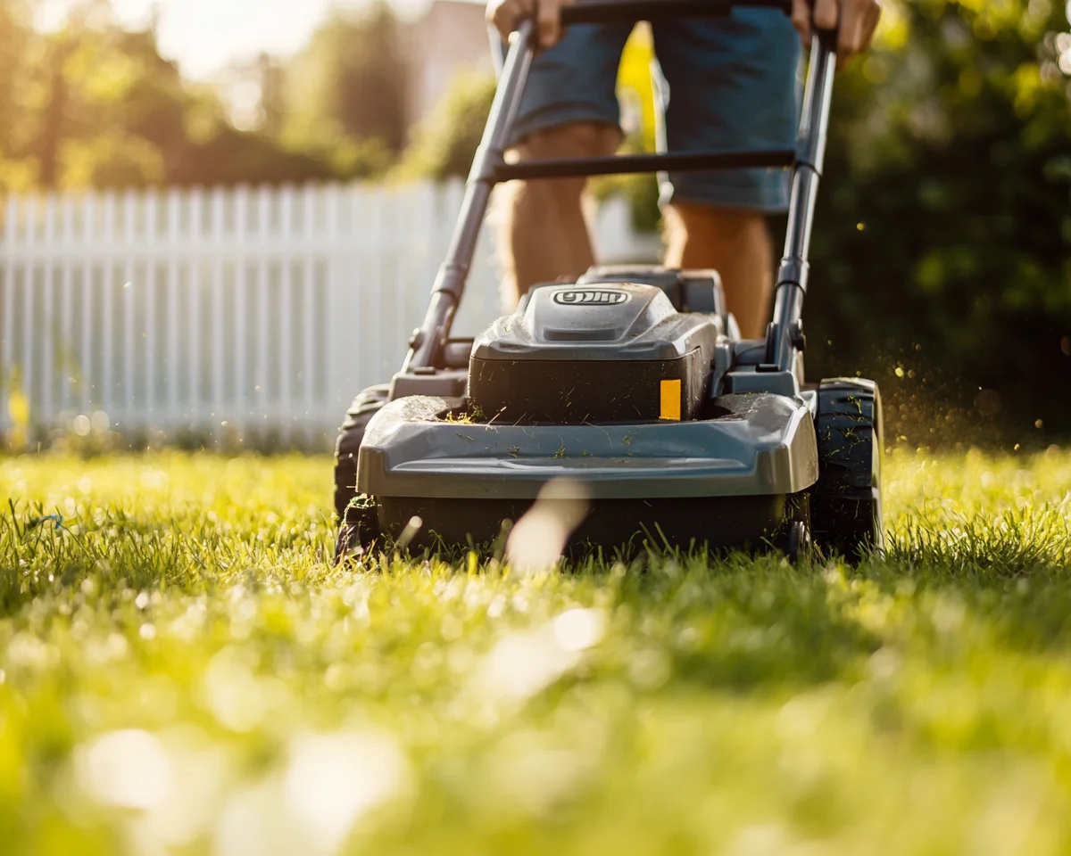 Man mowing lawn with new equipment