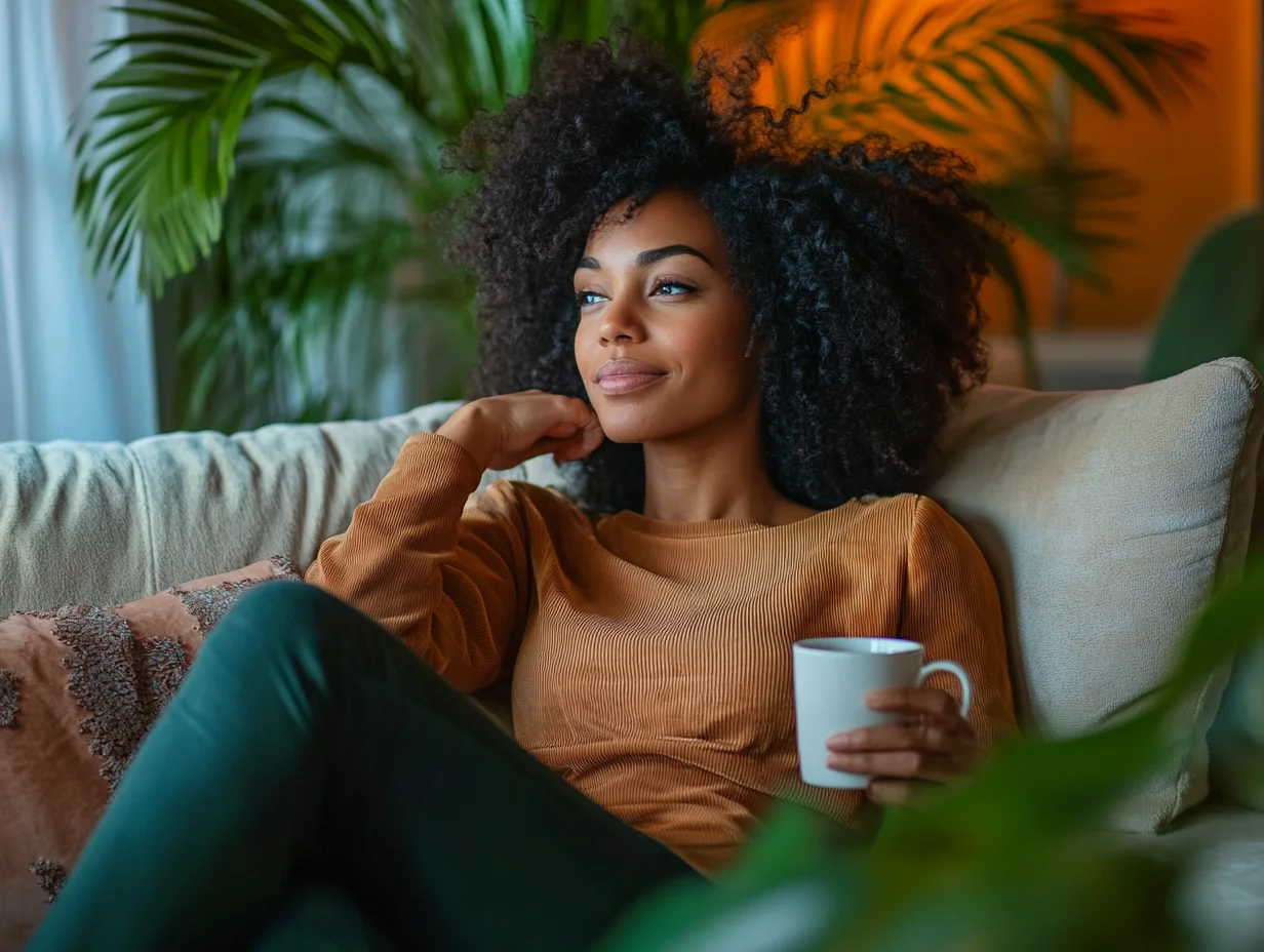 Woman relaxing on new sofa financed through Zebit