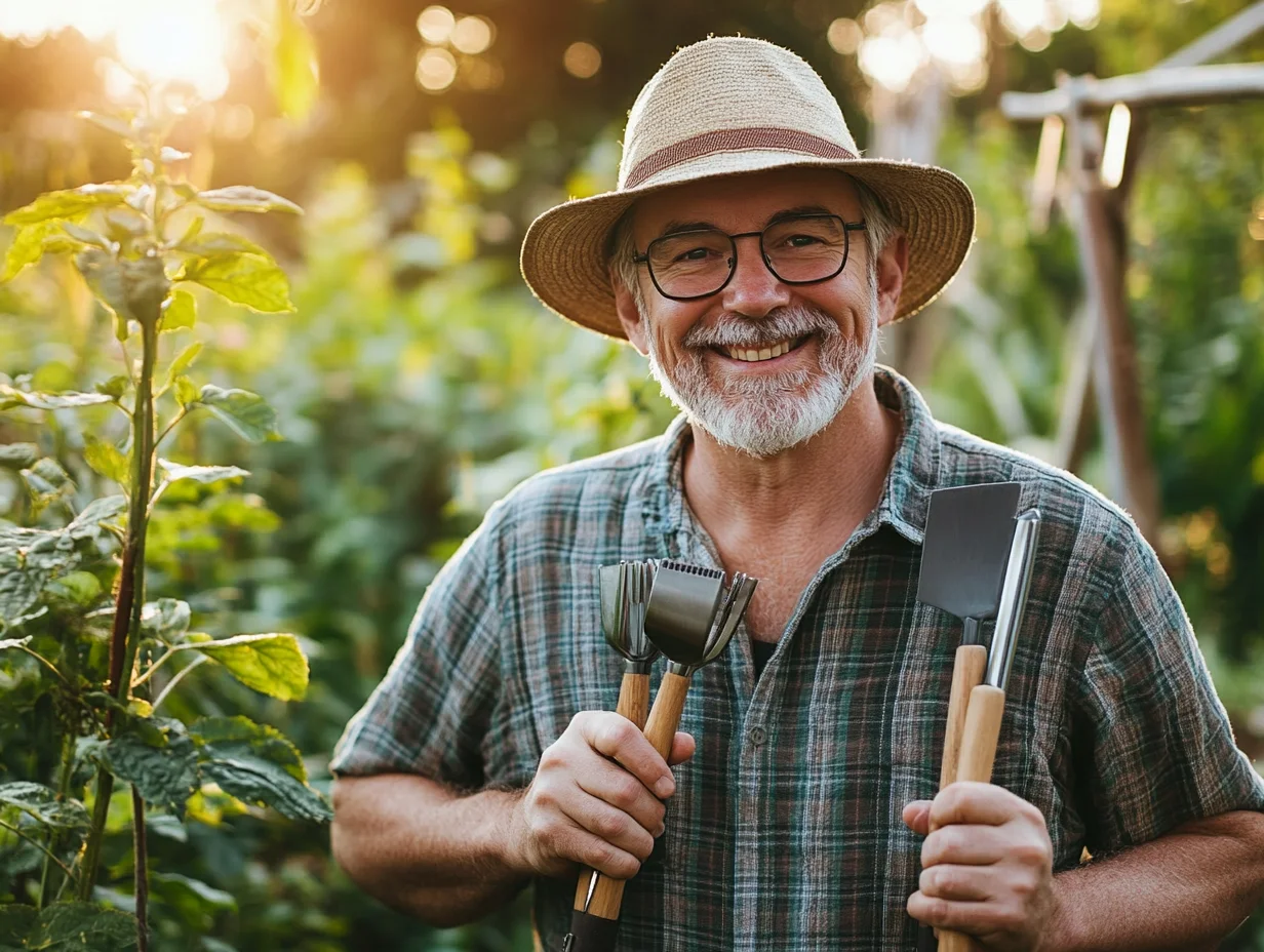 Man with gardening tools in backyard