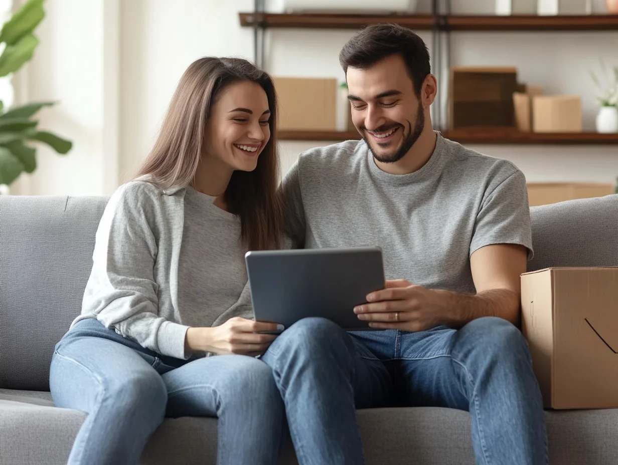Happy couple shopping with Zebit pay later financing